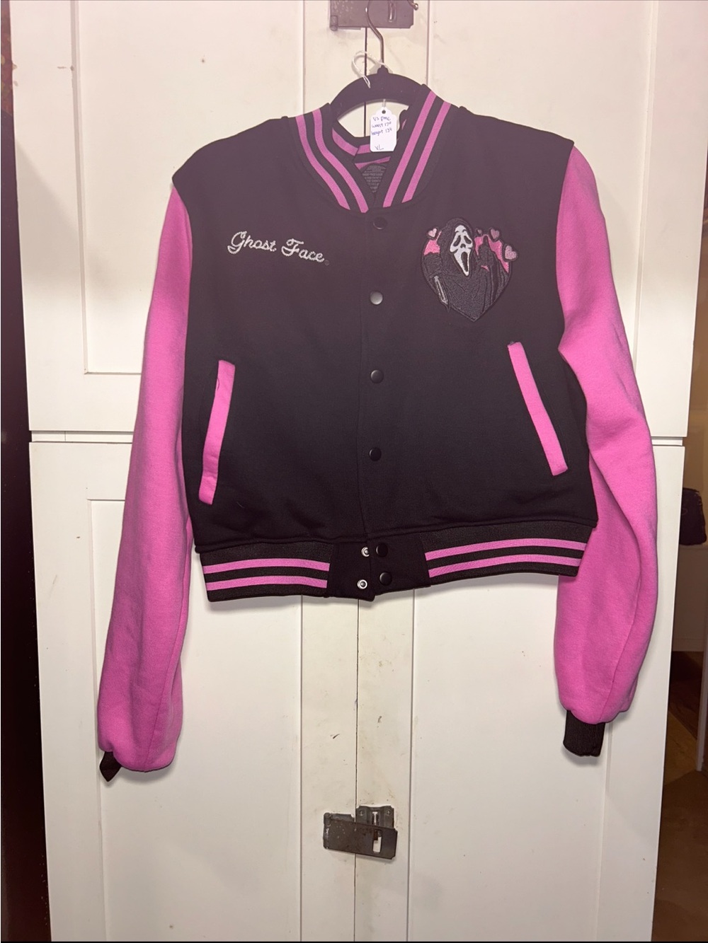 Ghost Face Women's Black and Pink Varsity Jacket Medium